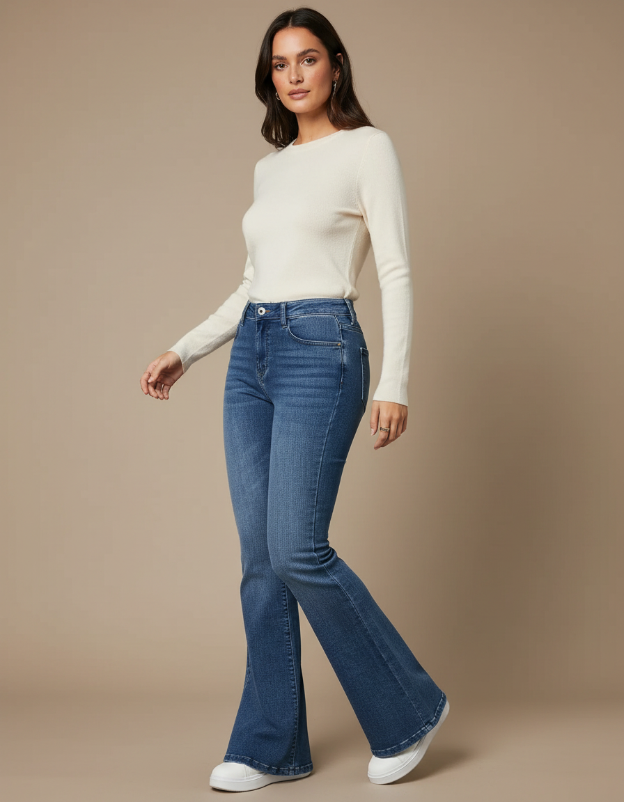Pantalon Patte D'Éléphant Bleu Denim Taille Haute Stretch - Jean