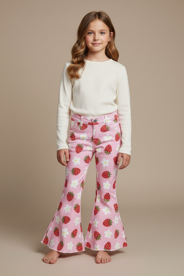Pantalon Patte D'Éléphant Rose Fraises Fleurs Évasé Fille - Jean