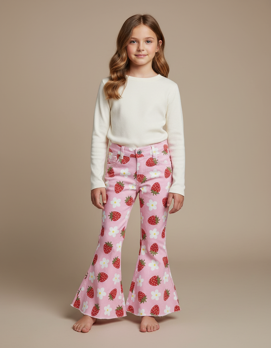Pantalon Patte D'Éléphant Rose Fraises Fleurs Évasé Fille - Jean