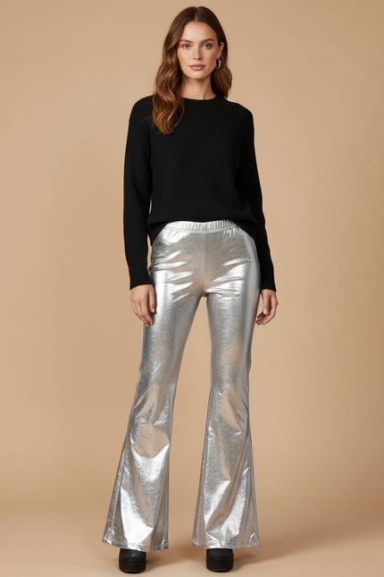 Pantalon Patte D'Éléphant Argenté Brillant Évasé Similicuir Femme - Simili cuir