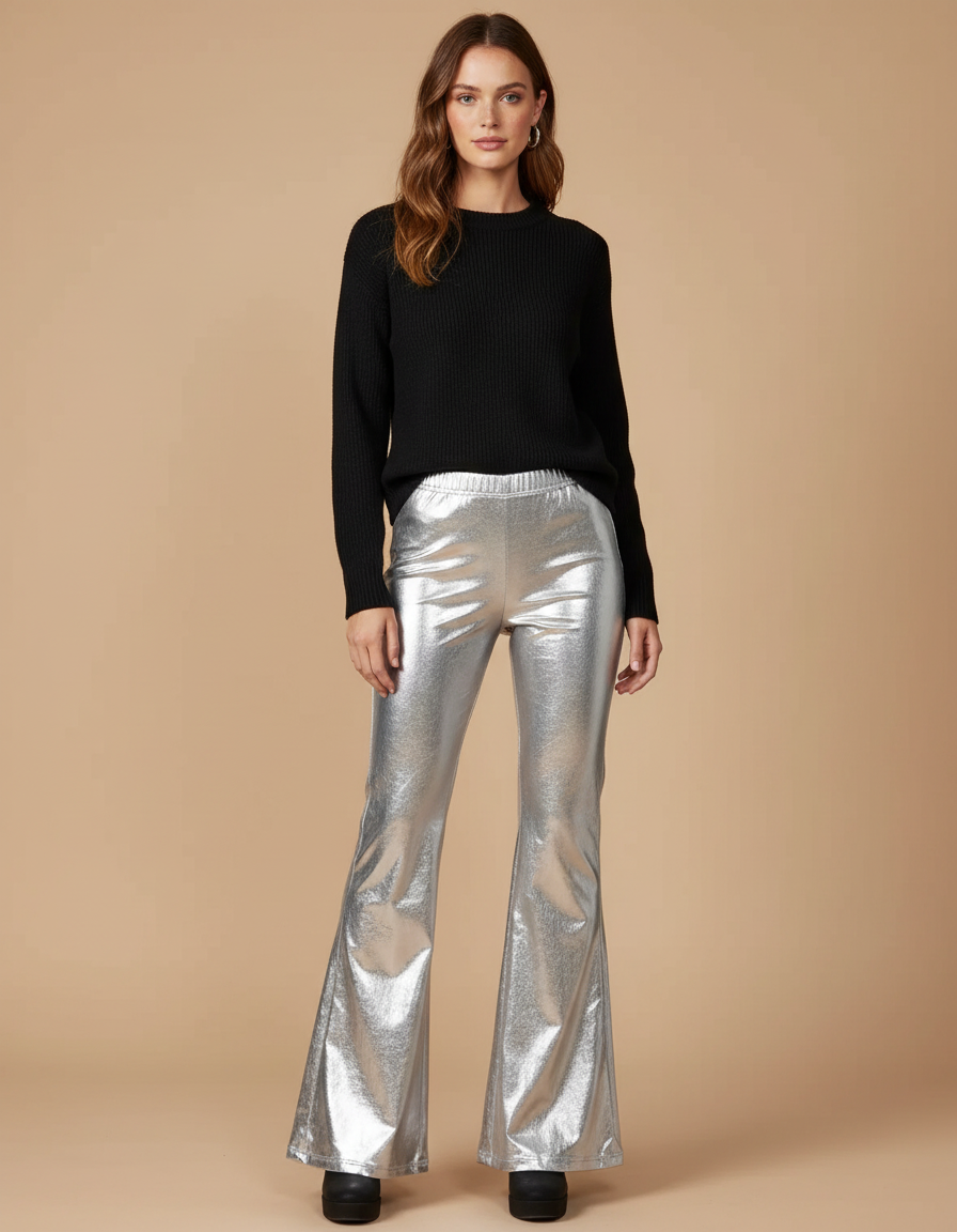 Pantalon Patte D'Éléphant Argenté Brillant Évasé Similicuir Femme - Simili cuir
