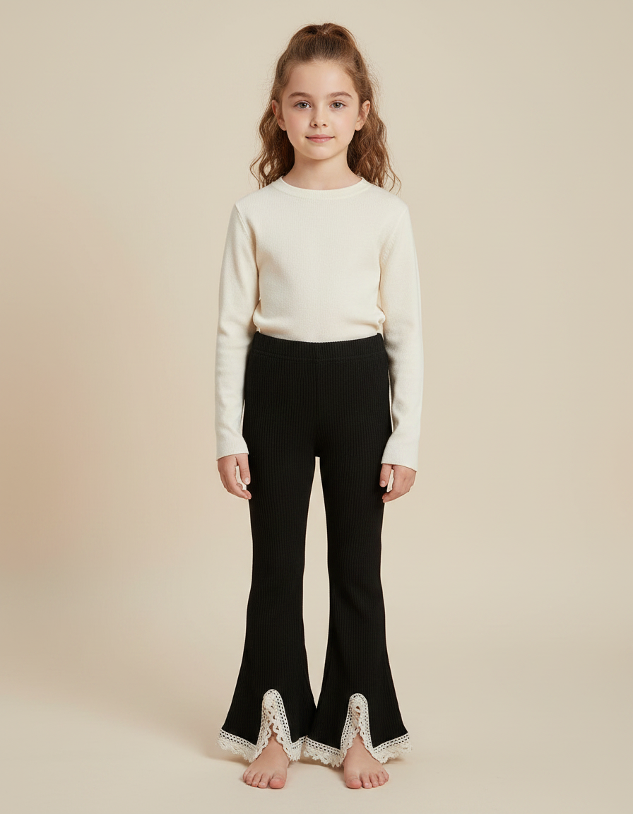 Pantalon Patte D'Éléphant Noir Côtelé Évasé Dentelle Fille - Maille