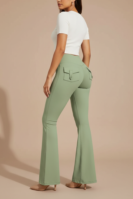 Pantalon Patte D'Éléphant Vert Kaki Évasé Taille Haute Poches - Polyester