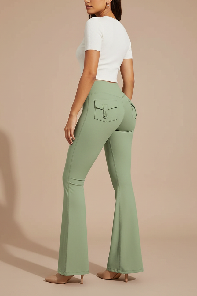Pantalon Patte D'Éléphant Vert Kaki Évasé Taille Haute Poches - Polyester