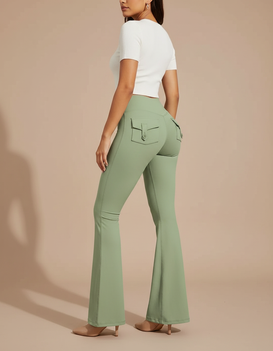 Pantalon Patte D'Éléphant Vert Kaki Évasé Taille Haute Poches - Polyester