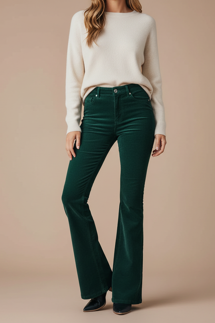 Pantalon Patte D'Éléphant Vert Côtelé Taille Haute Élégant Femme - Cordé