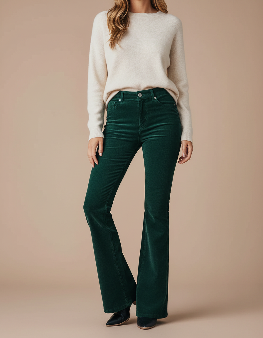 Pantalon Patte D'Éléphant Vert Côtelé Taille Haute Élégant Femme - Cordé
