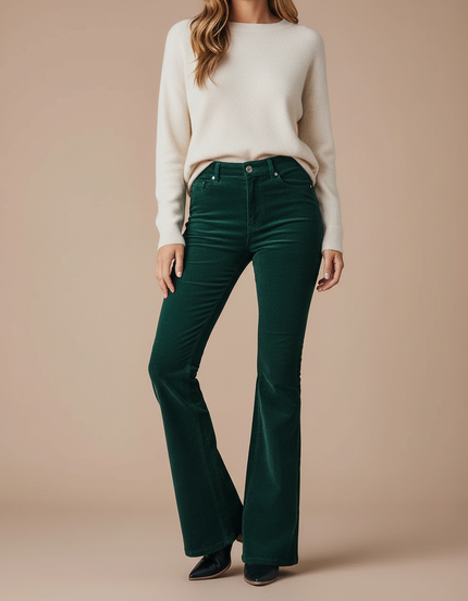 Pantalon Patte D'Éléphant Vert Côtelé Taille Haute Élégant Femme - Cordé