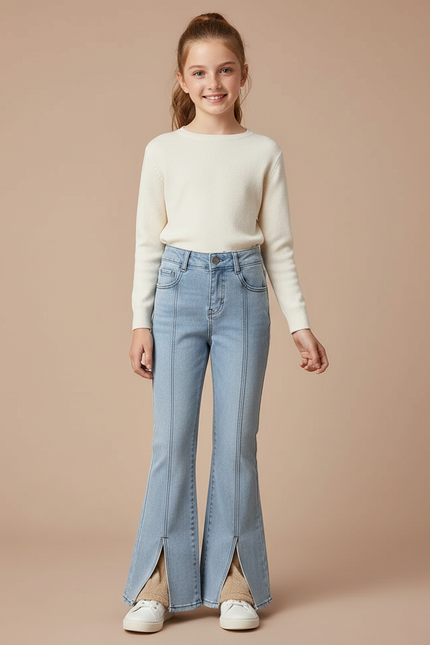 Pantalon Patte D'Éléphant Denim Bleu Fendu Taille Haute Fille - Jean