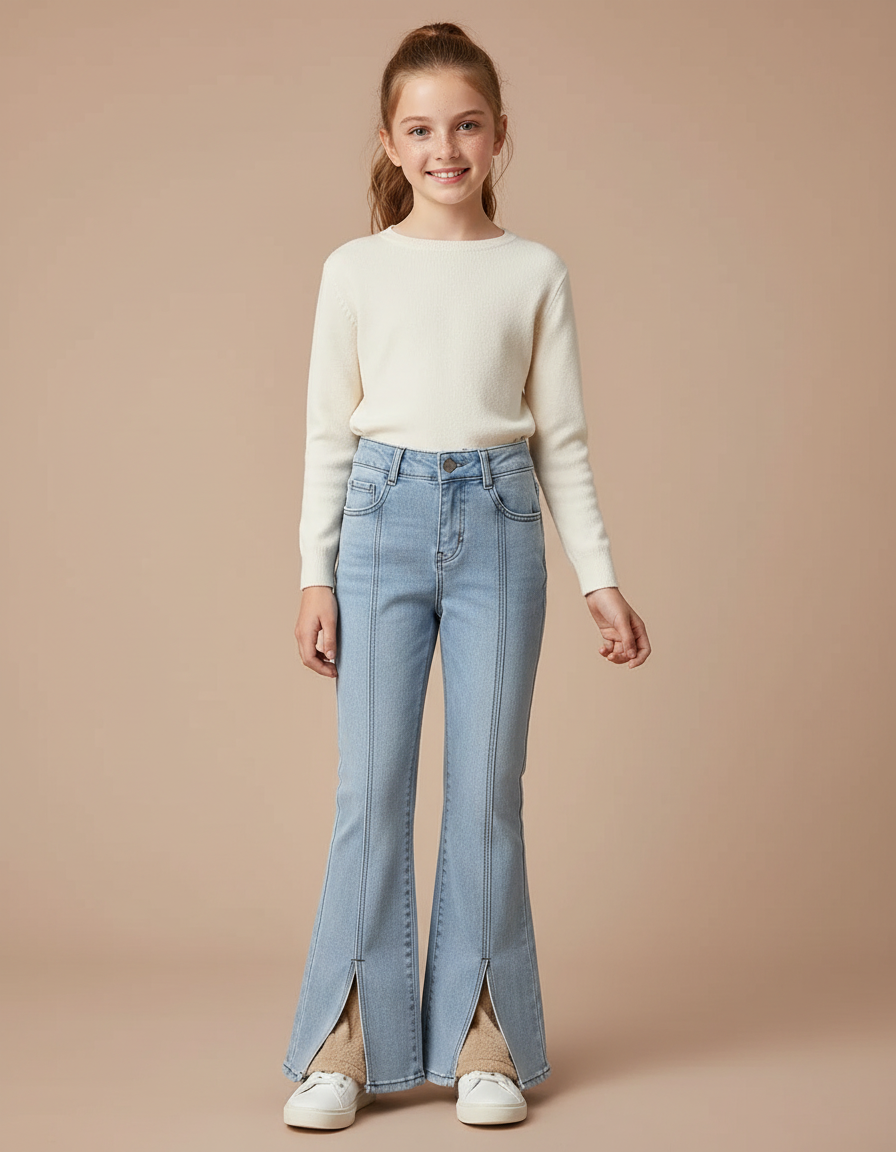 Pantalon Patte D'Éléphant Denim Bleu Fendu Taille Haute Fille - Jean