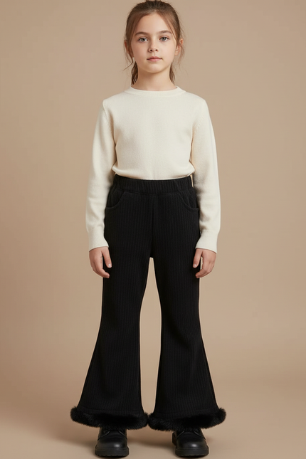 Pantalon Patte D'Éléphant Noir Côtelé Fourrure Chaud Fille - Cordé