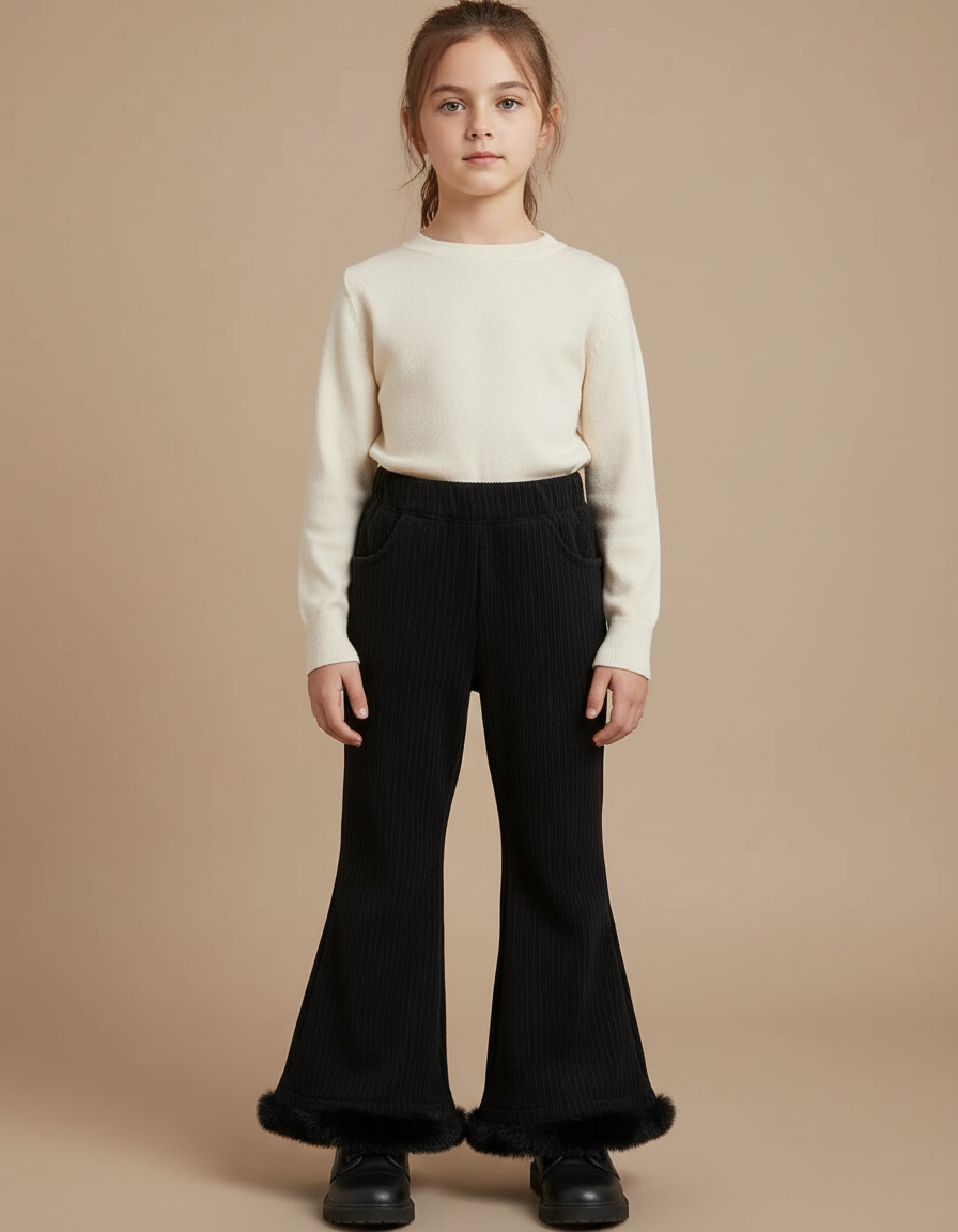 Pantalon Patte D'Éléphant Noir Côtelé Fourrure Chaud Fille - Cordé