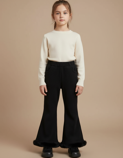 Pantalon Patte D'Éléphant Noir Côtelé Fourrure Chaud Fille - Cordé