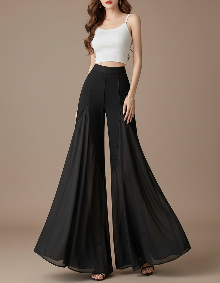 Pantalon Patte D'Éléphant Noir Fluide Taille Haute Chiffon Élégant - Polyester