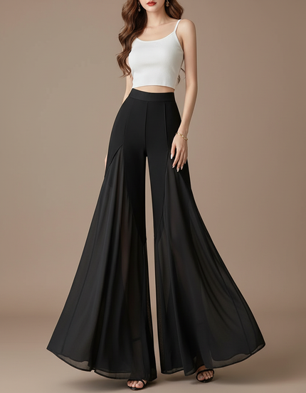 Pantalon Patte D'Éléphant Noir Fluide Taille Haute Chiffon Élégant - Polyester
