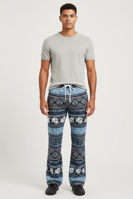 Pantalon Patte D'Éléphant Bleu Imprimé Ethnique Ample Confortable - Viscose