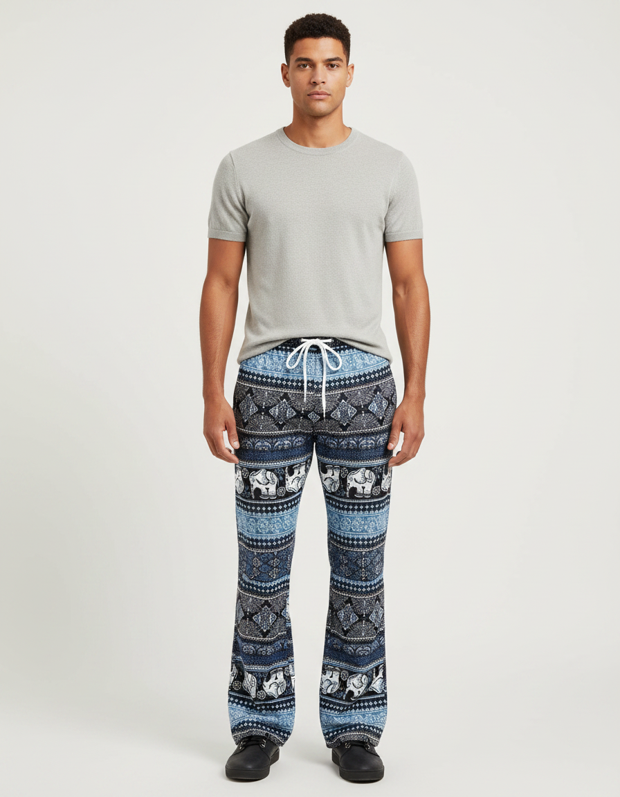 Pantalon Patte D'Éléphant Bleu Imprimé Ethnique Ample Confortable - Viscose