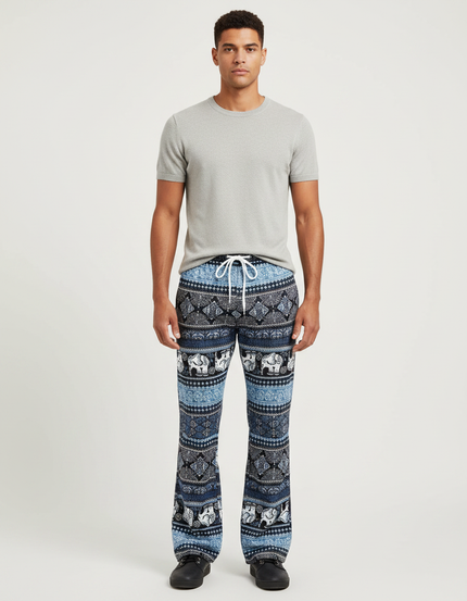 Pantalon Patte D'Éléphant Bleu Imprimé Ethnique Ample Confortable - Viscose