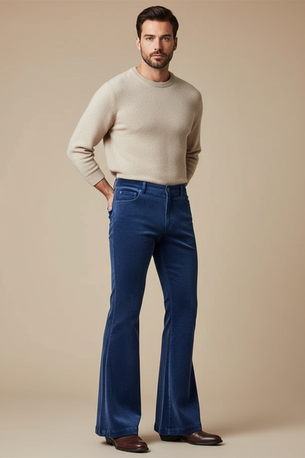Pantalon Patte D'Éléphant Bleu Côtelé Homme Évasé Élégant - Cordé