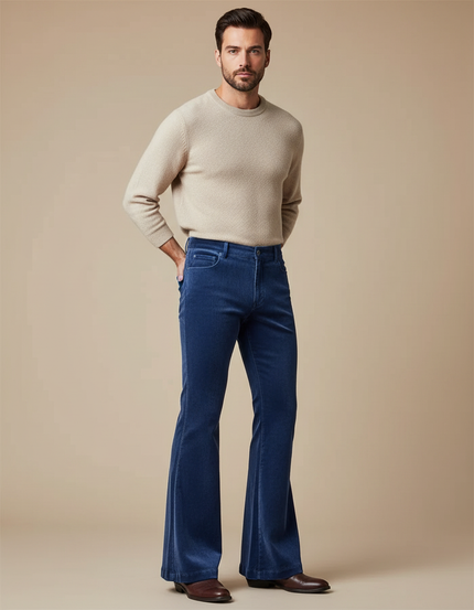 Pantalon Patte D'Éléphant Bleu Côtelé Homme Évasé Élégant - Cordé