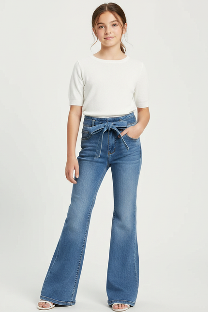 Pantalon Patte D'Éléphant Bleu Denim Taille Haute Ceinture Évasé - Jean