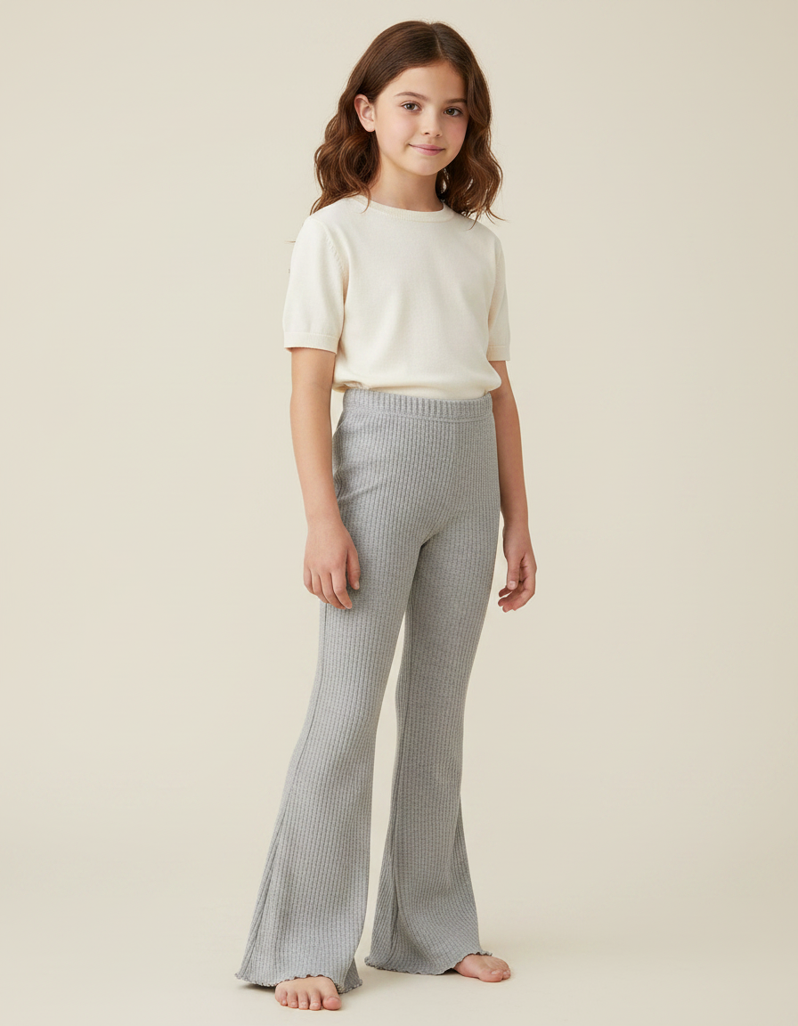 Pantalon Patte D'Éléphant Côtelé Gris Doux Confortable Enfant - Maille