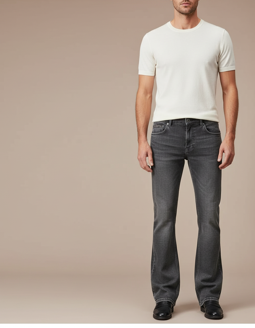 Pantalon Patte D'Éléphant Gris Délavé Denim Homme Classique - Jean