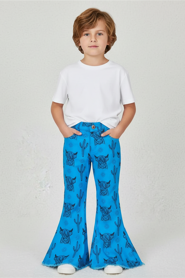 Pantalon Patte D'Éléphant Bleu Imprimé Cactus Bovin Décontracté Enfant - Polyester