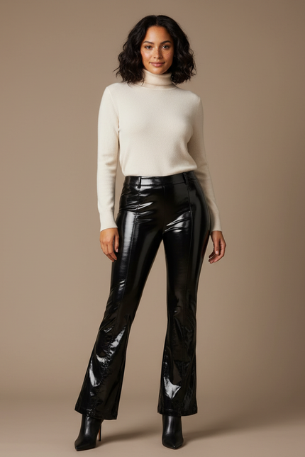 Pantalon Patte D'Éléphant Noir Brillant Vinyle Taille Haute - Simili cuir