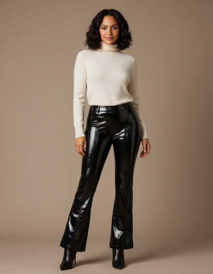 Pantalon Patte D'Éléphant Noir Brillant Vinyle Taille Haute - Simili cuir