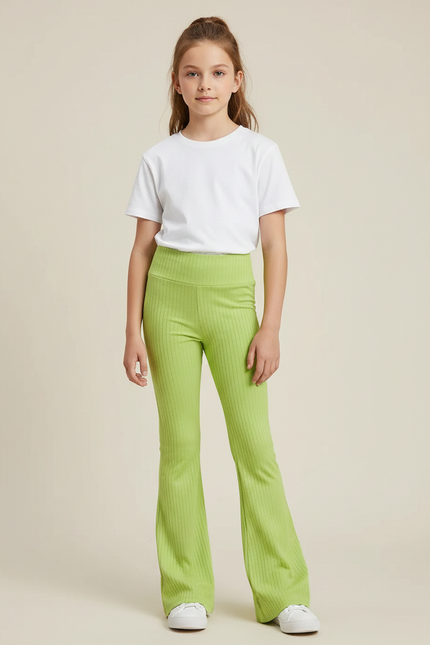 Pantalon Patte D'Éléphant Vert Côtelé Taille Haute Fille - Maille