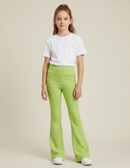 Pantalon Patte D'Éléphant Vert Côtelé Taille Haute Fille - Maille