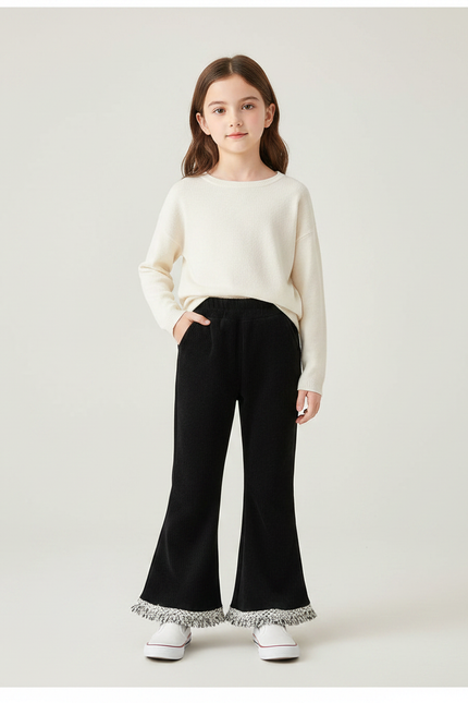 Pantalon Patte D'Éléphant Noir Côtelé Franges Tressées Fille - Cordé