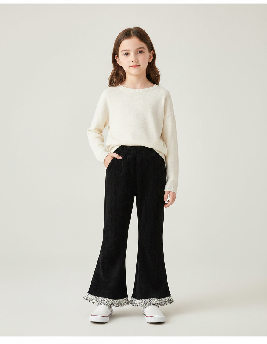 Pantalon Patte D'Éléphant Noir Côtelé Franges Tressées Fille - Cordé