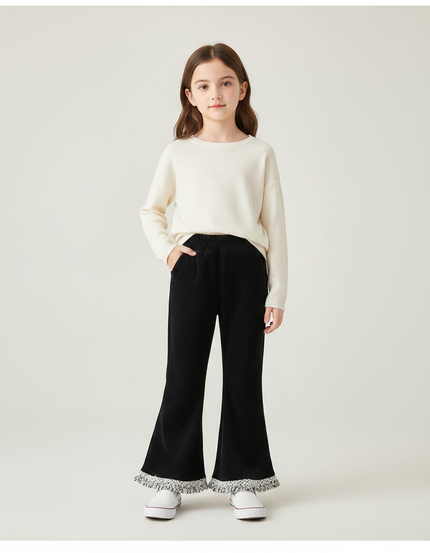 Pantalon Patte D'Éléphant Noir Côtelé Franges Tressées Fille - Cordé