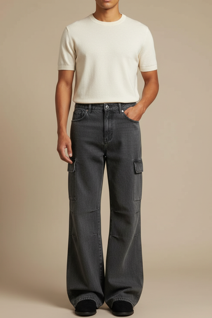 Pantalon Patte D'Éléphant Cargo Noir Délavé Ample Homme - Gris Jean