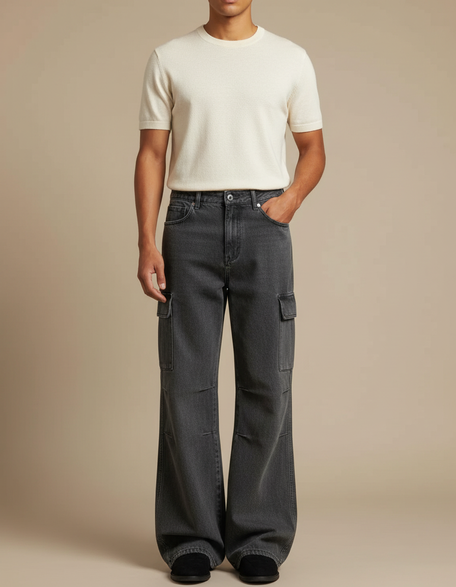 Pantalon Patte D'Éléphant Cargo Noir Délavé Ample Homme - Gris Jean