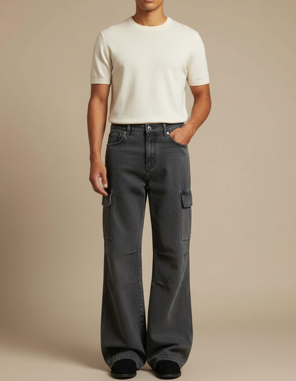 Pantalon Patte D'Éléphant Cargo Noir Délavé Ample Homme - Gris Jean