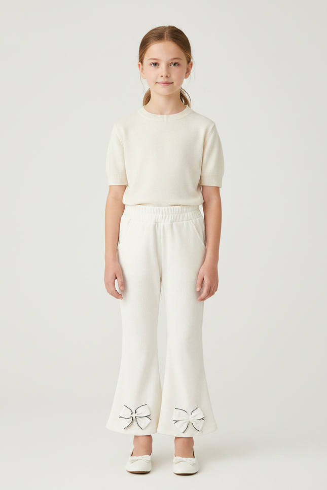 Pantalon Patte D'Éléphant Côtelé Beige Nœuds Fille - Cordé