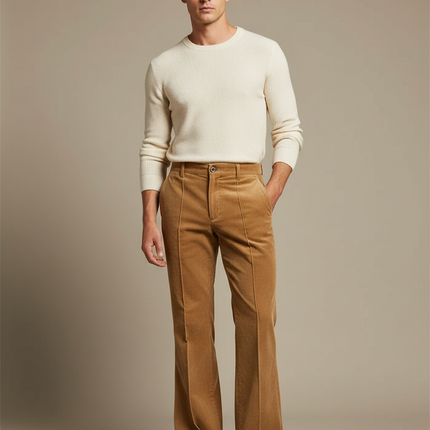 Pantalon Patte D'Éléphant Velours Côtelé Marron Taille Haute Homme - Camel Cordé