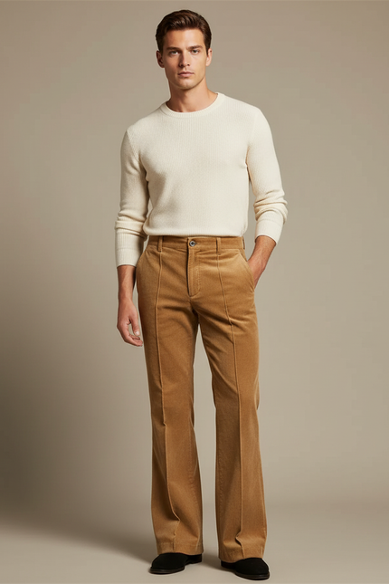 Pantalon Patte D'Éléphant Velours Côtelé Marron Taille Haute Homme - Camel Cordé