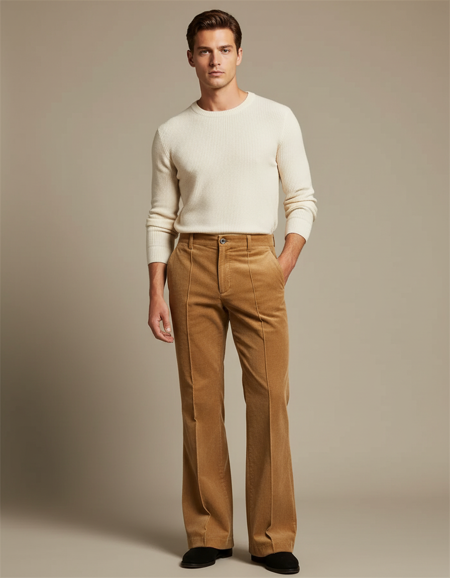 Pantalon Patte D'Éléphant Velours Côtelé Marron Taille Haute Homme - Camel Cordé