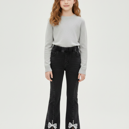 Pantalon Patte D'Éléphant Noir Denim Évasé Nœuds Perles Fille - Jean