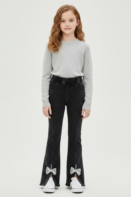 Pantalon Patte D'Éléphant Noir Denim Évasé Nœuds Perles Fille - Jean