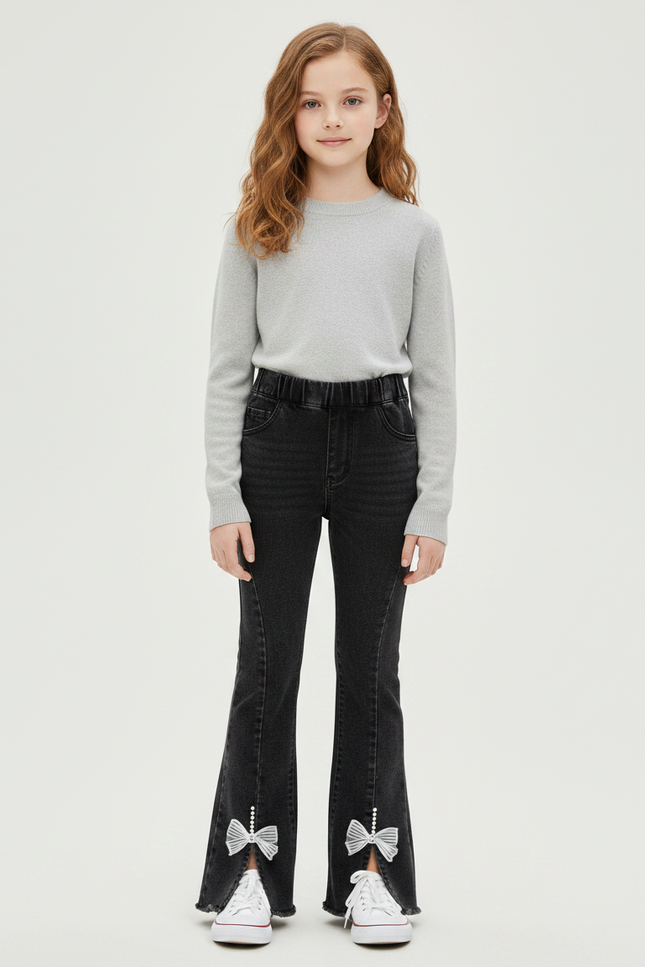 Pantalon Patte D'Éléphant Noir Denim Évasé Nœuds Perles Fille - Jean
