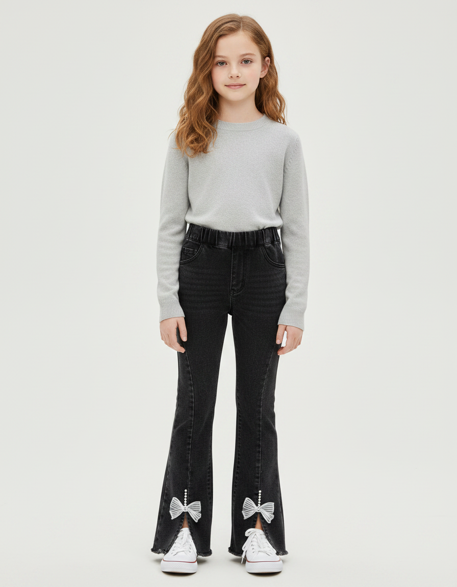 Pantalon Patte D'Éléphant Noir Denim Évasé Nœuds Perles Fille - Jean