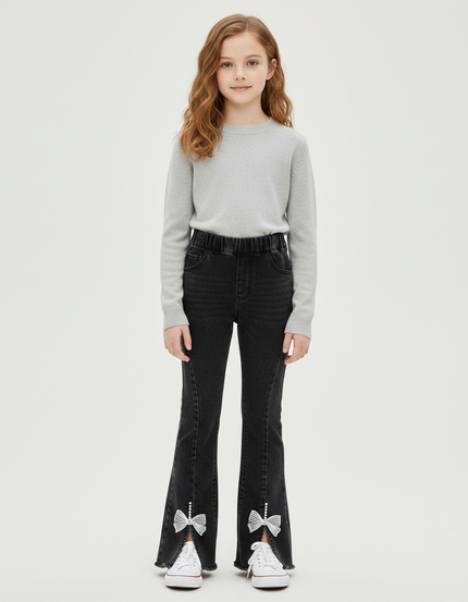 Pantalon Patte D'Éléphant Noir Denim Évasé Nœuds Perles Fille - Jean