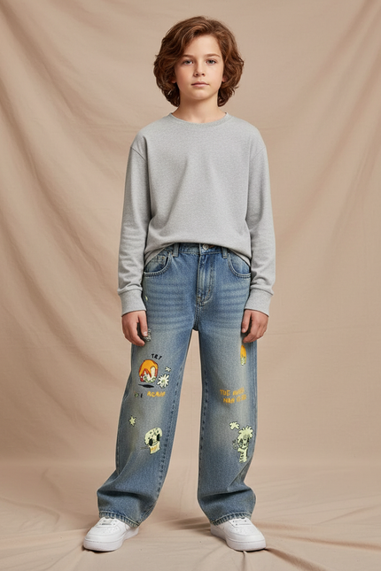 Pantalon Patte D'Éléphant En Denim Clair Ample Imprimé Cartoon - Bleu Jean