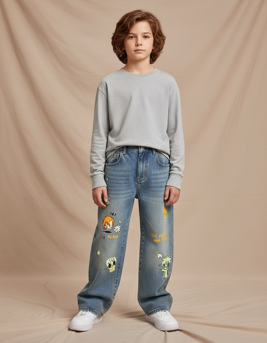 Pantalon Patte D'Éléphant En Denim Clair Ample Imprimé Cartoon - Bleu Jean