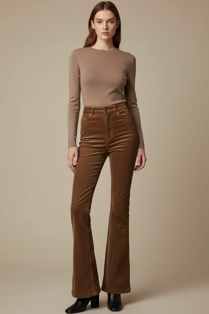 Pantalon Patte D'Éléphant Marron Côtelé Ajusté Évasé Rétro - Cordé